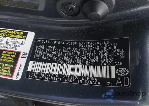 2012 Toyota Corolla L z USA, uszkodzony, nr VIN 2T1BU4EE7CC901501